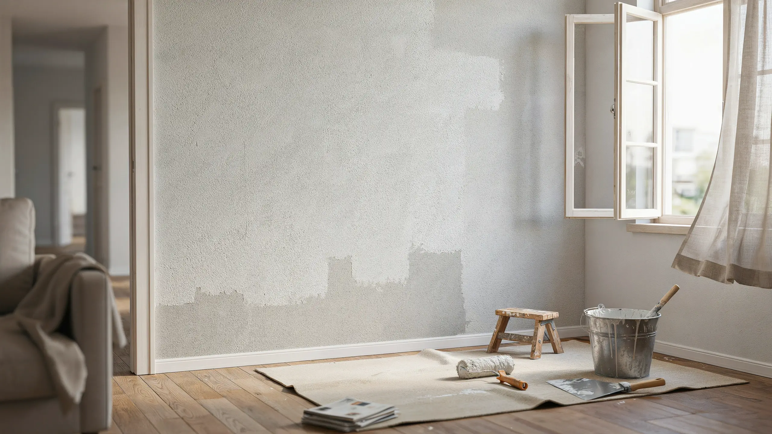 Bright interior living room showing a partially painted textured wall, a metal paint bucket, a paint roller, and a wooden stool resting on a protective drop cloth while the fresh paint cures.