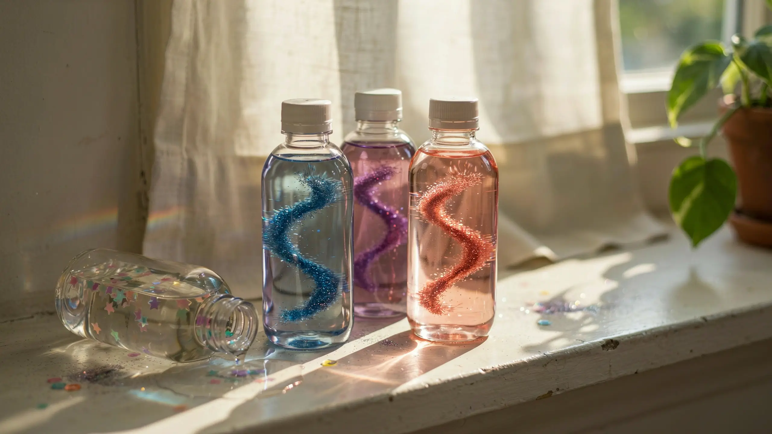 Three clear plastic sensory bottles with blue, purple, and pink glitter spirals alongside a tipped container of star confetti, beautifully lit on a sunlit windowsill near a green plant.