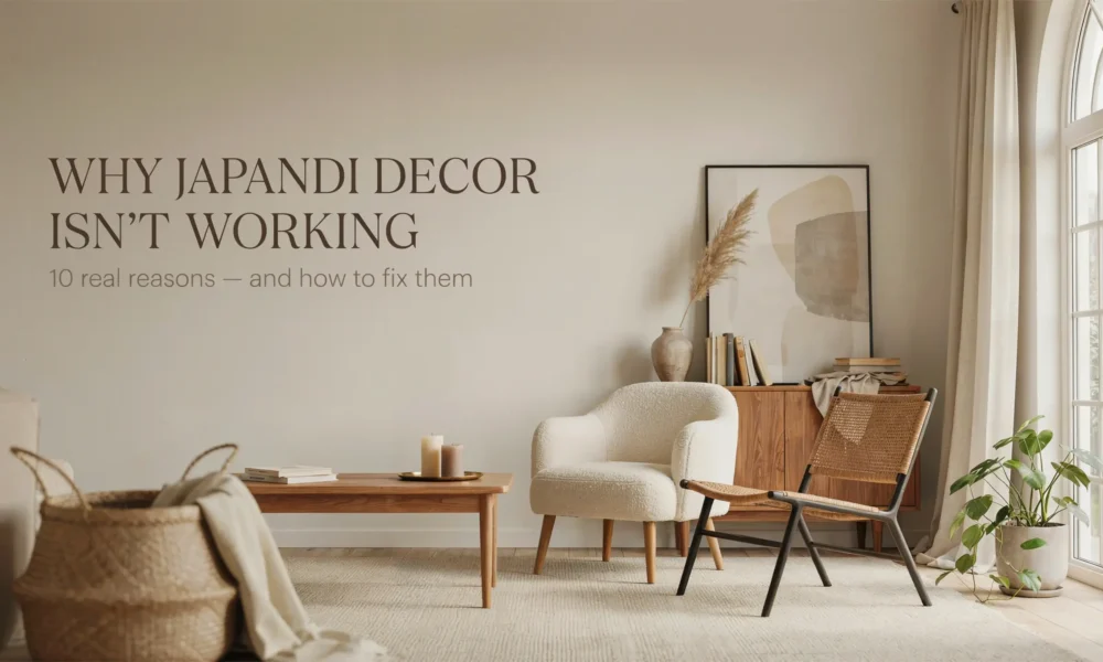 Minimalist Japandi living room with text overlay explaining common decor mistakes and 10 ways to fix them