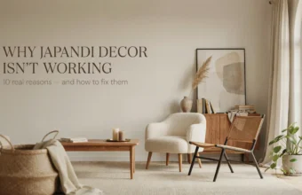 Minimalist Japandi living room with text overlay explaining common decor mistakes and 10 ways to fix them