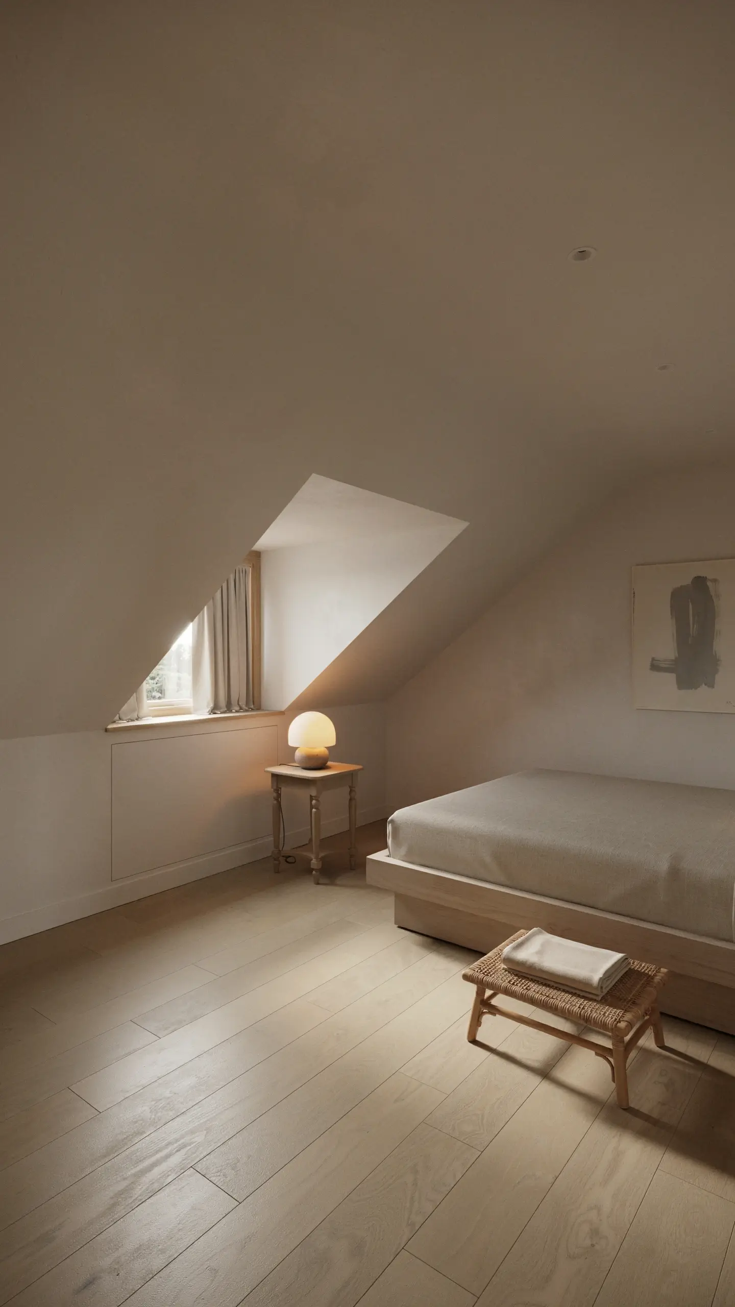A minimalist Japandi attic bedroom featuring a low-profile wooden bed with white linens, a glowing mushroom table lamp on a small side table, a woven rattan footstool with a folded towel, and a dormer window beneath a sloped ceiling. 
