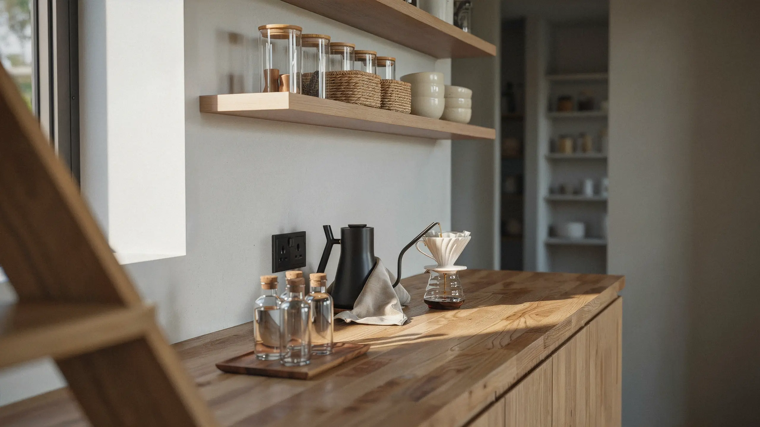 Minimalist wooden countertop featuring a black gooseneck kettle and ceramic V60 coffee dripper, bathed in warm morning sunlight. 