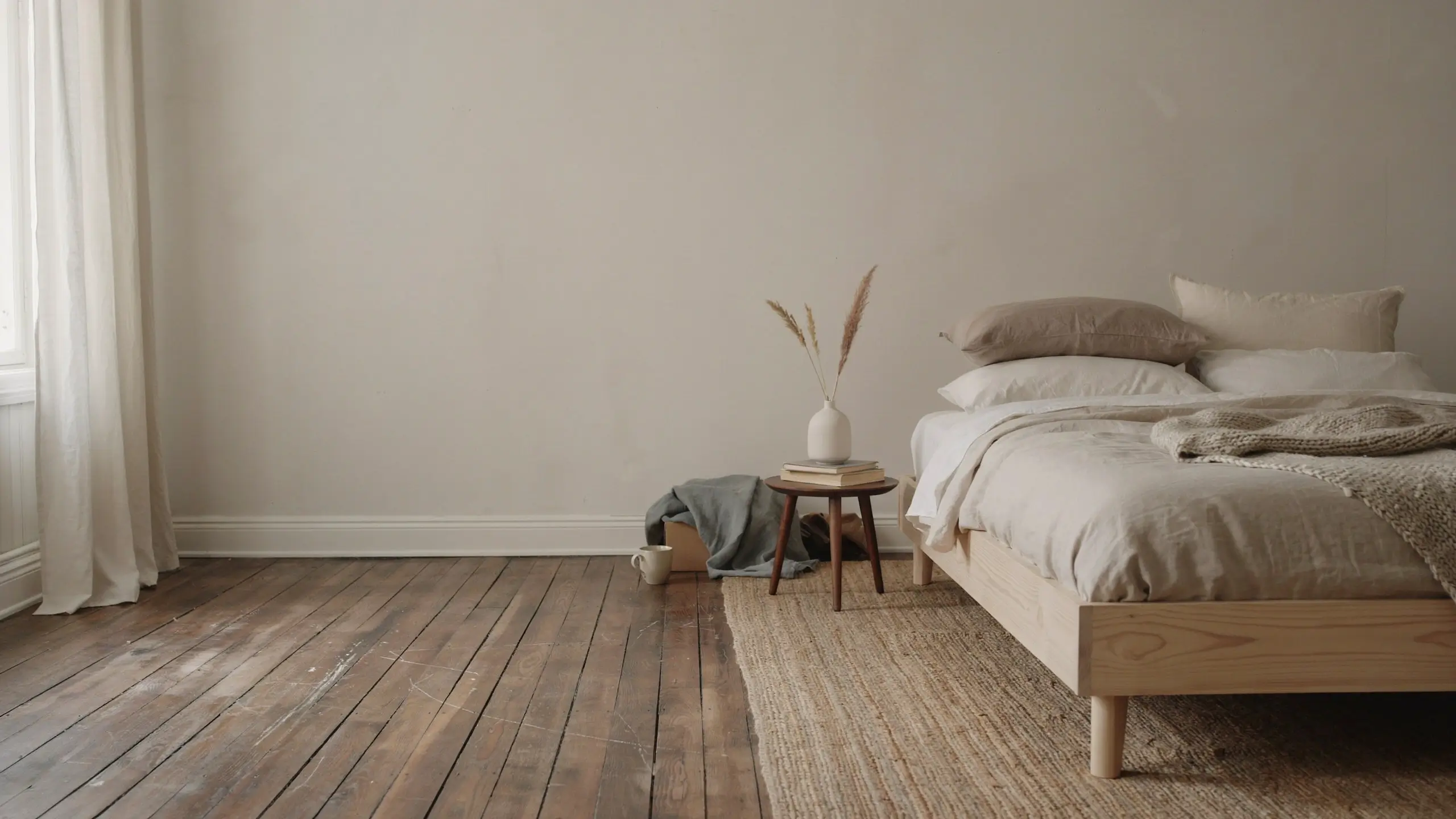 A serene, minimalist Japandi bedroom featuring a natural light-wood bed frame with neutral linen bedding and a chunky knit throw, accompanied by a round wooden side table holding a white ceramic vase with dried pampas grass and vintage books, sitting atop a textured jute rug.