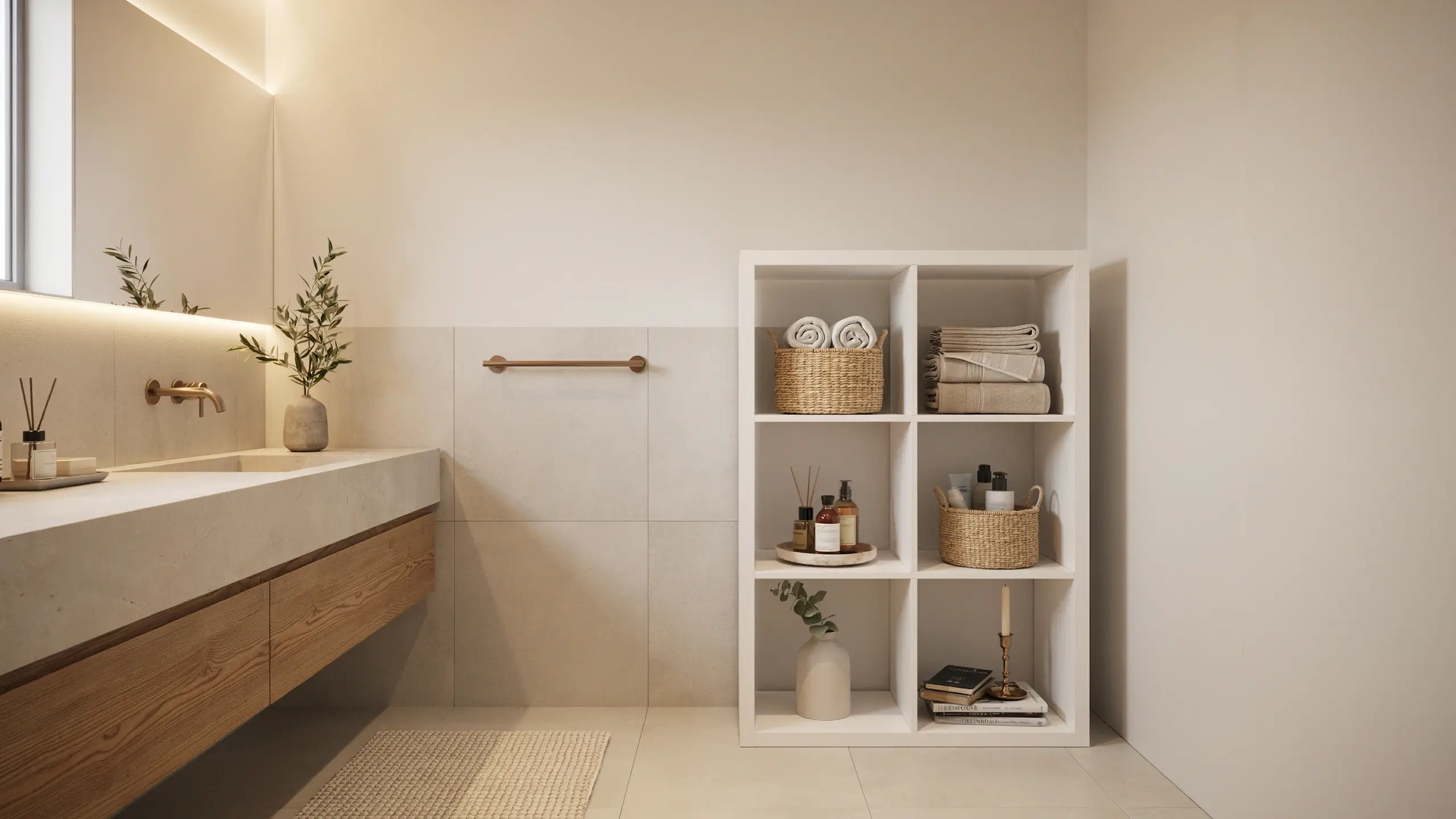 White KALLAX cube shelving unit in a minimalist bathroom storing rolled towels, woven baskets, toiletries, decorative books, and a candle, positioned next to a wooden vanity. 