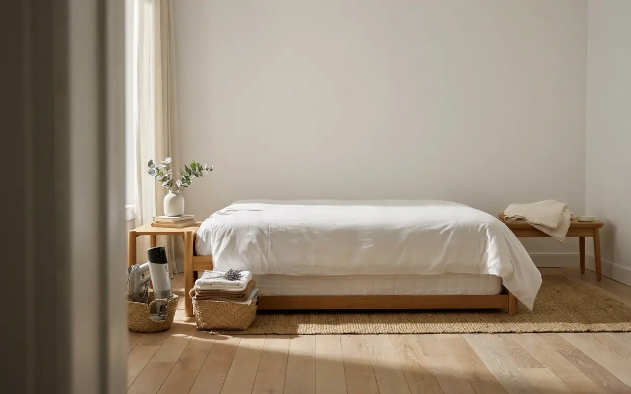 Bright bedroom with a neatly made bed, fresh linens, towels, and mattress-cleaning supplies.