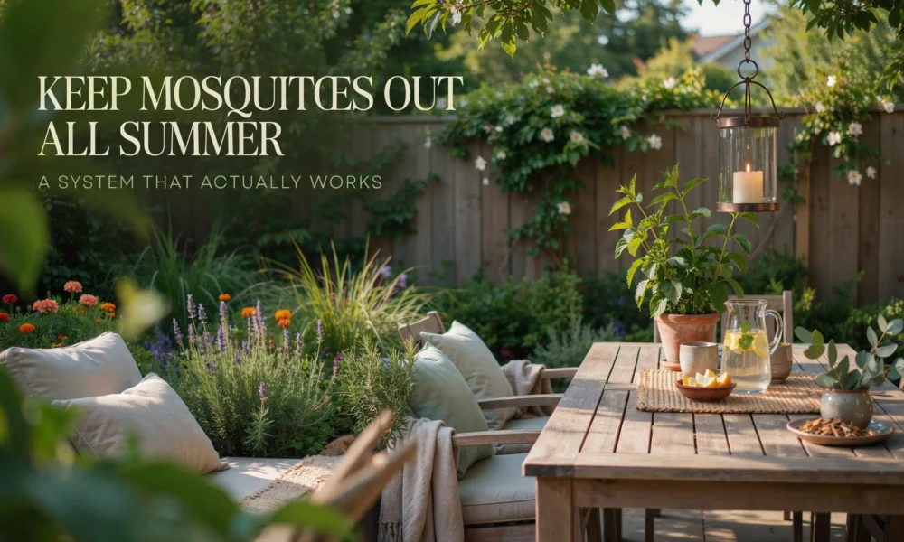 Outdoor wooden patio setup featuring citronella plants and lemon water, demonstrating a natural system to keep mosquitoes out all summer.