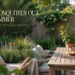 Outdoor wooden patio setup featuring citronella plants and lemon water, demonstrating a natural system to keep mosquitoes out all summer.