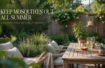 Outdoor wooden patio setup featuring citronella plants and lemon water, demonstrating a natural system to keep mosquitoes out all summer.