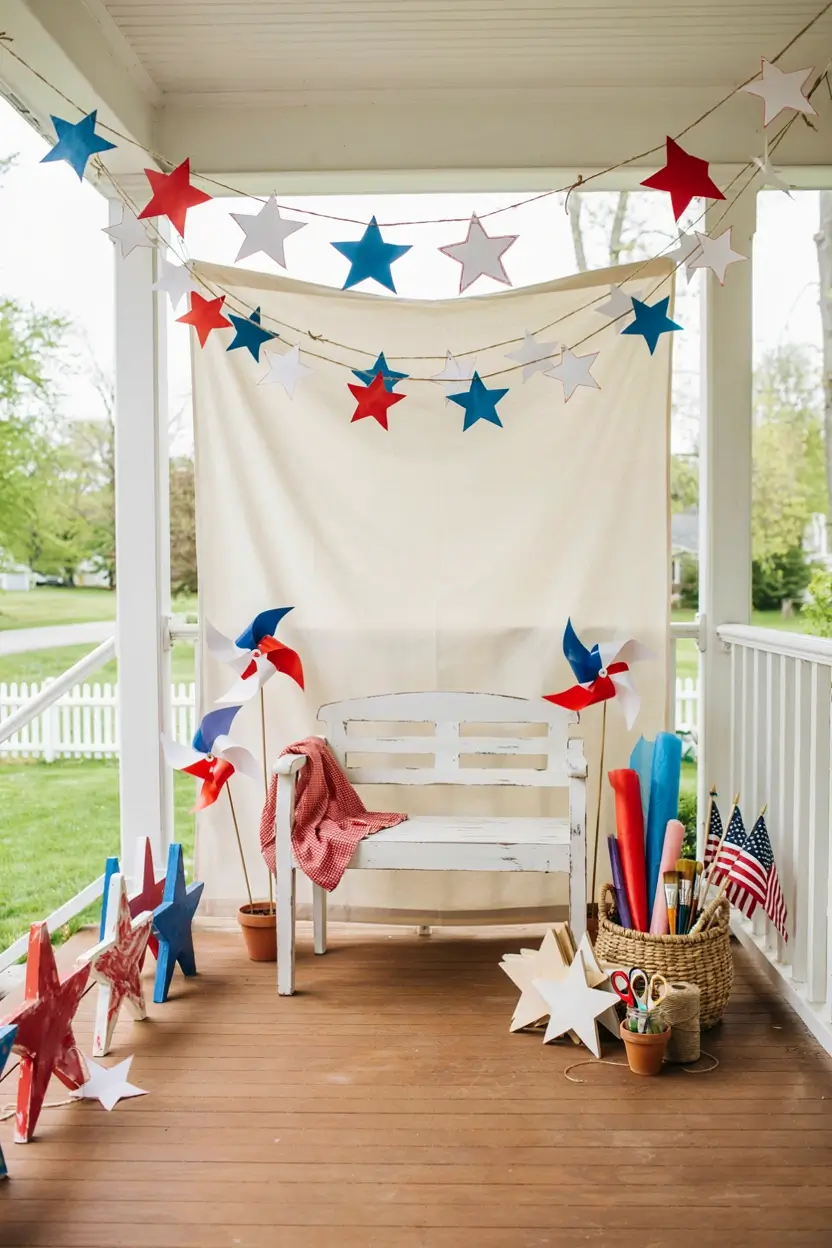 Kid-friendly Fourth of July porch photo corner with star garlands, pinwheels, and craft supplies.