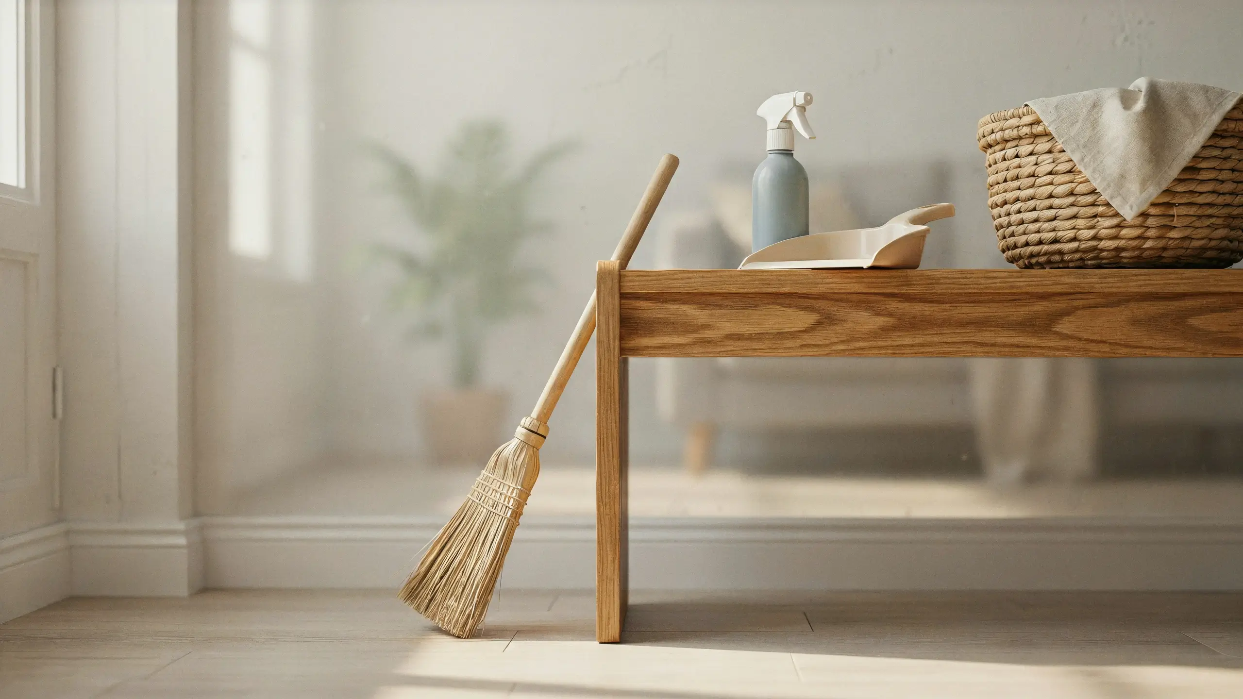 A wooden broom leaning on a table with a spray bottle, dustpan, and woven basket arranged for a child-friendly cleanup station. 