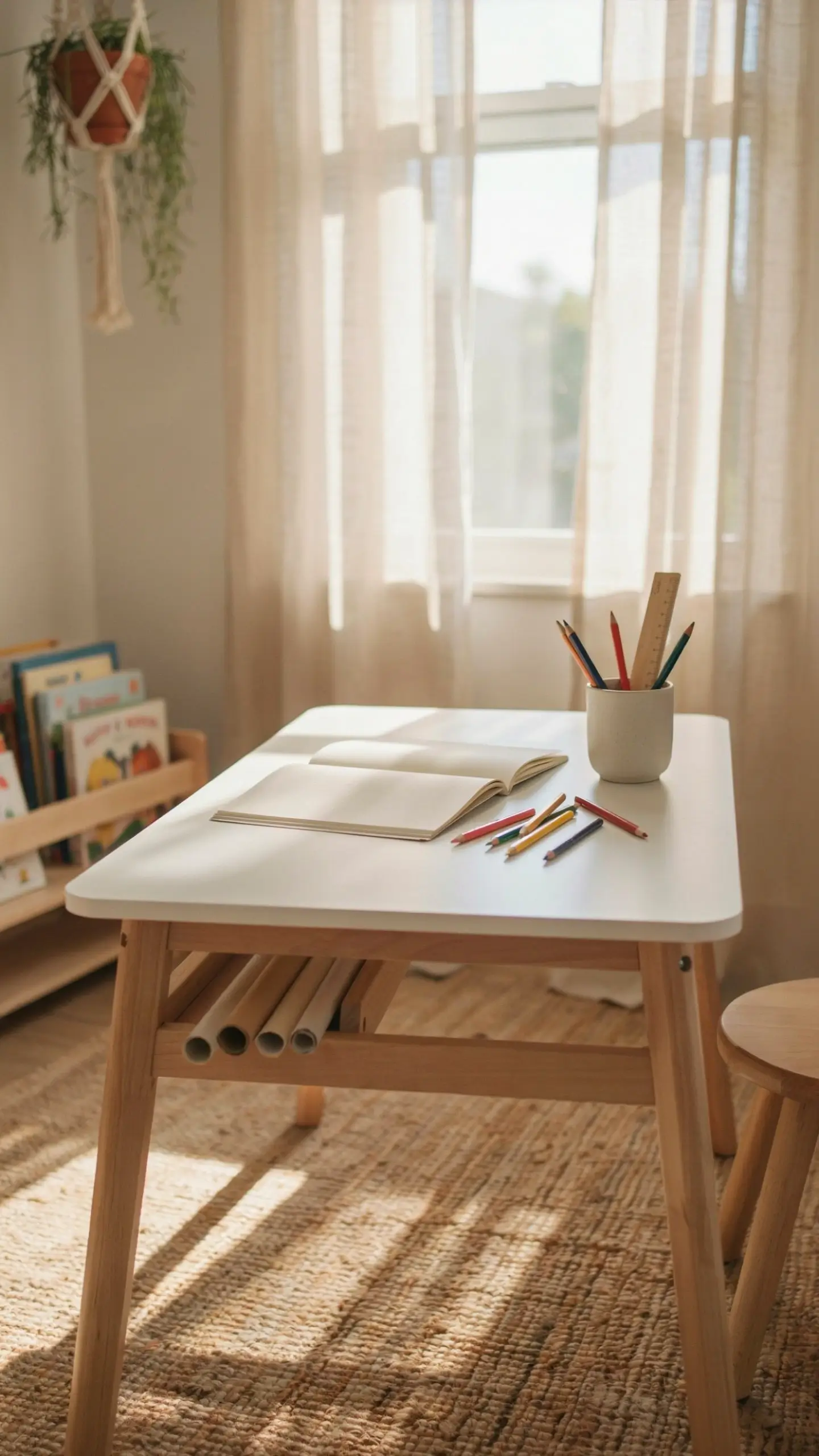 A sunlit, child-height craft table featuring an open sketchbook, scattered colored pencils, and a ceramic mug with a ruler, situated in a cozy natural-lit playroom. 