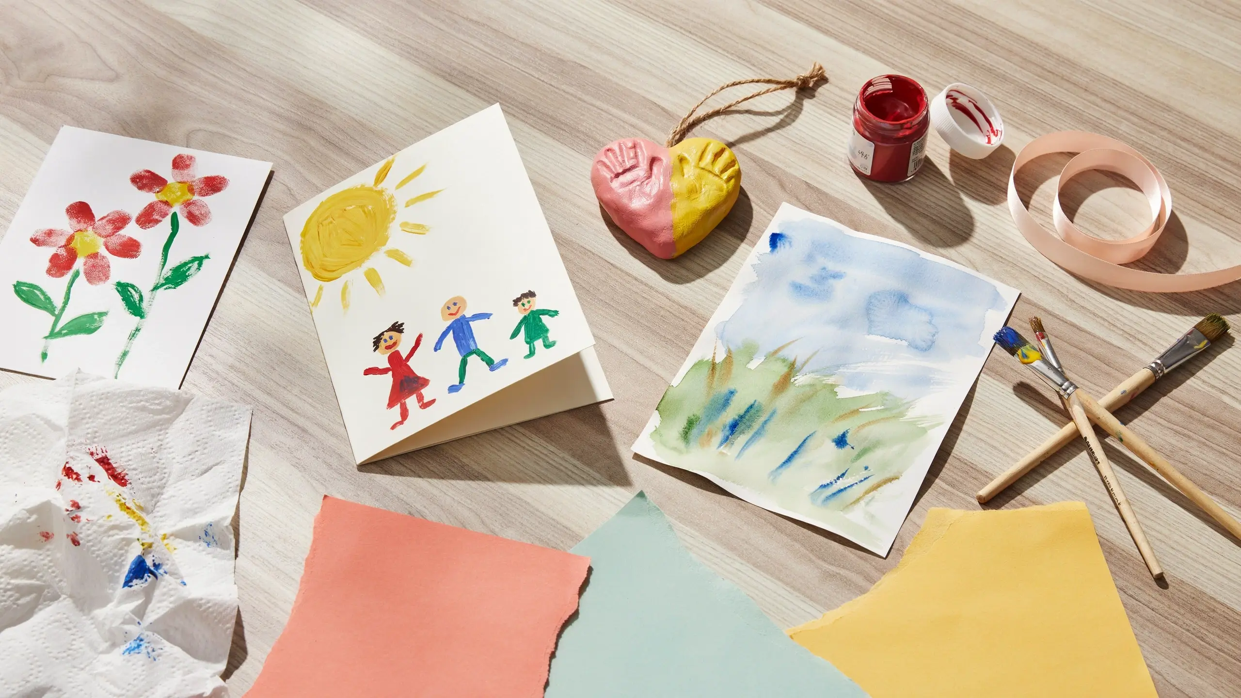 Children’s handmade paintings, a painted handprint ornament, and craft supplies arranged on a wooden table.