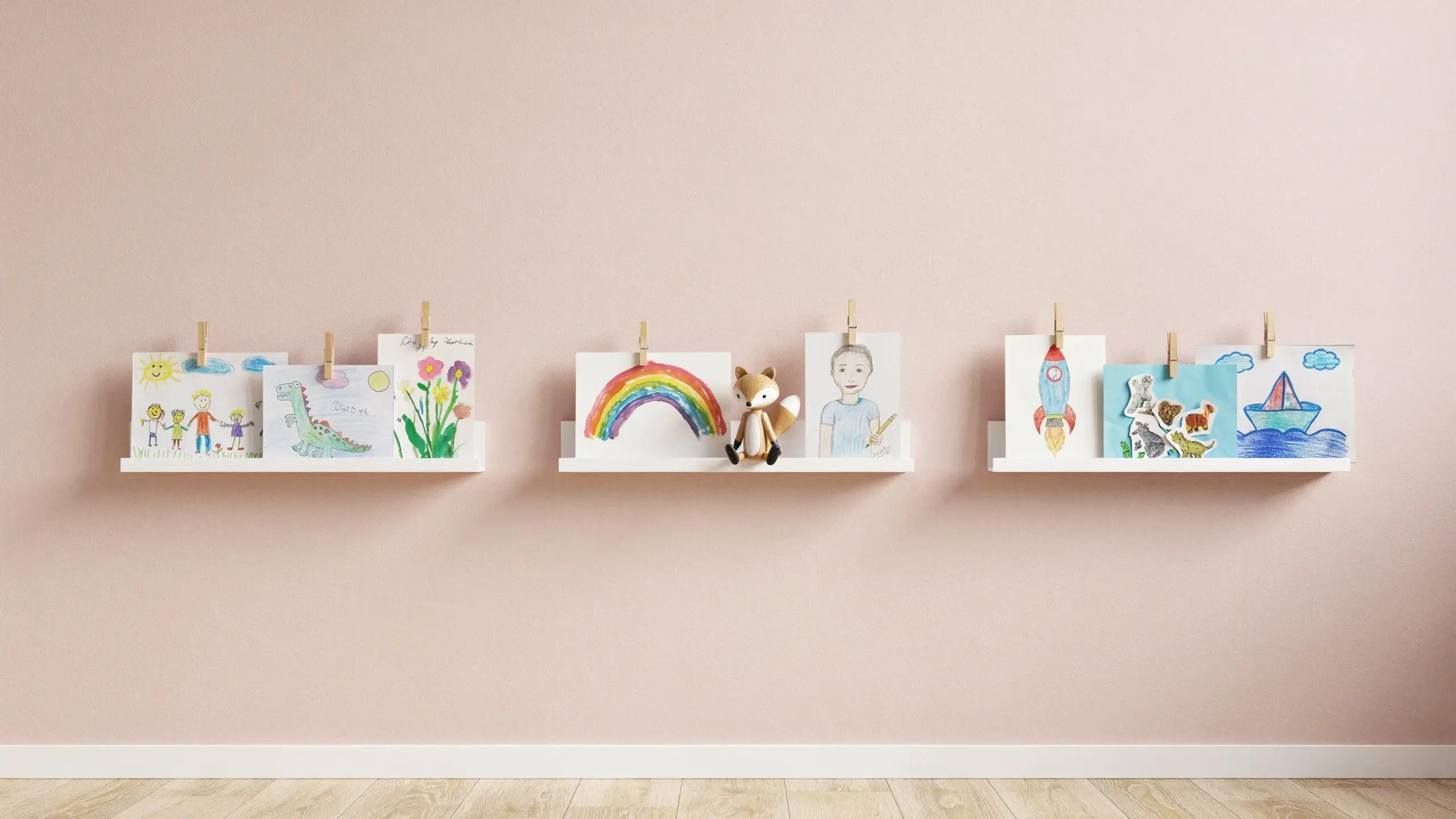Blush pink wall featuring three white picture ledges used as a rotating kids' art gallery, with diverse children's drawings of a rainbow, family, rocket, and boat hung with rustic wooden clothespins alongside a small stuffed fox. 