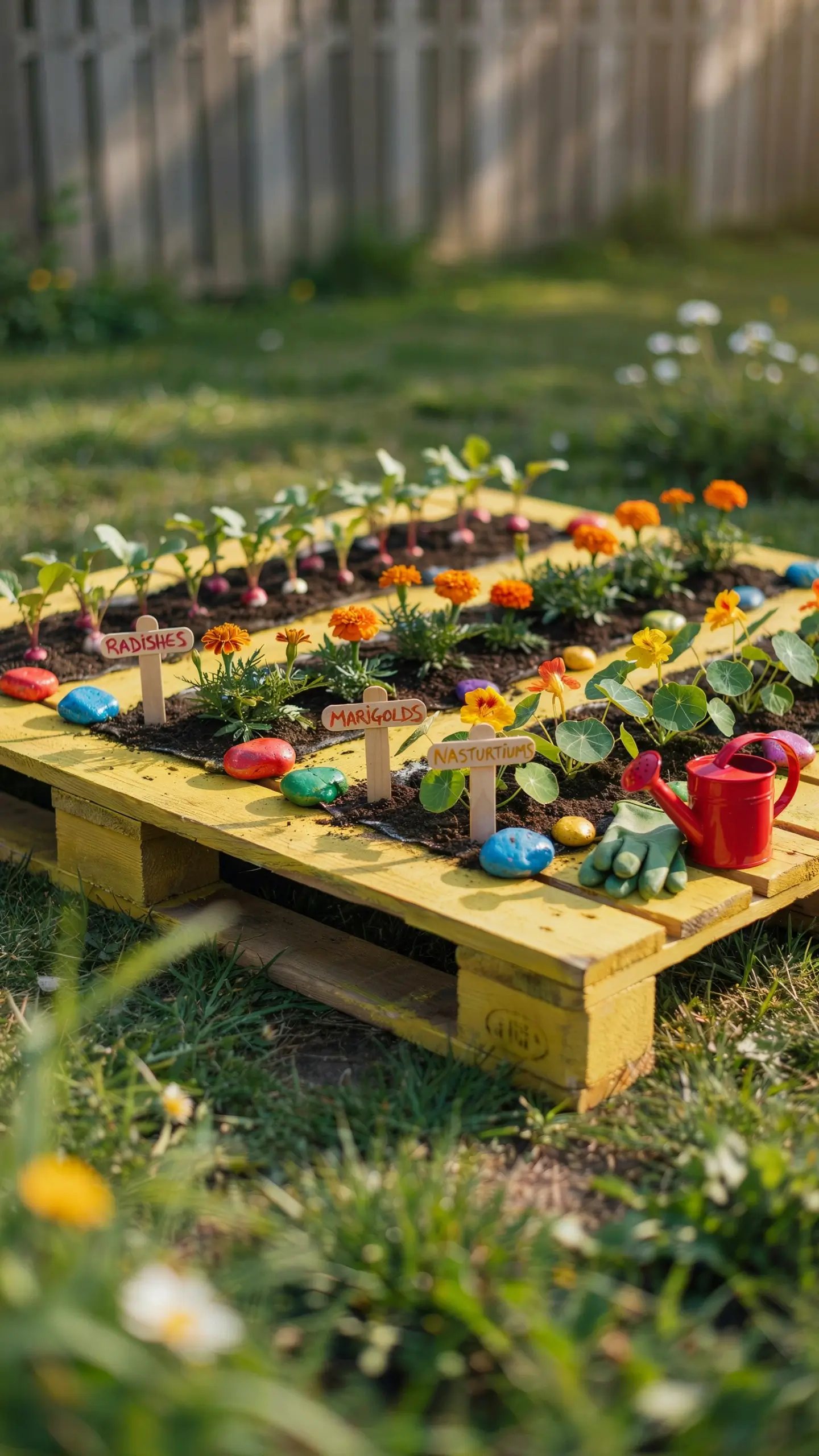 Close-up of a kid's garden patch featuring rows of red radishes, vibrant orange marigolds, and bright yellow and orange nasturtiums growing in rich soil.