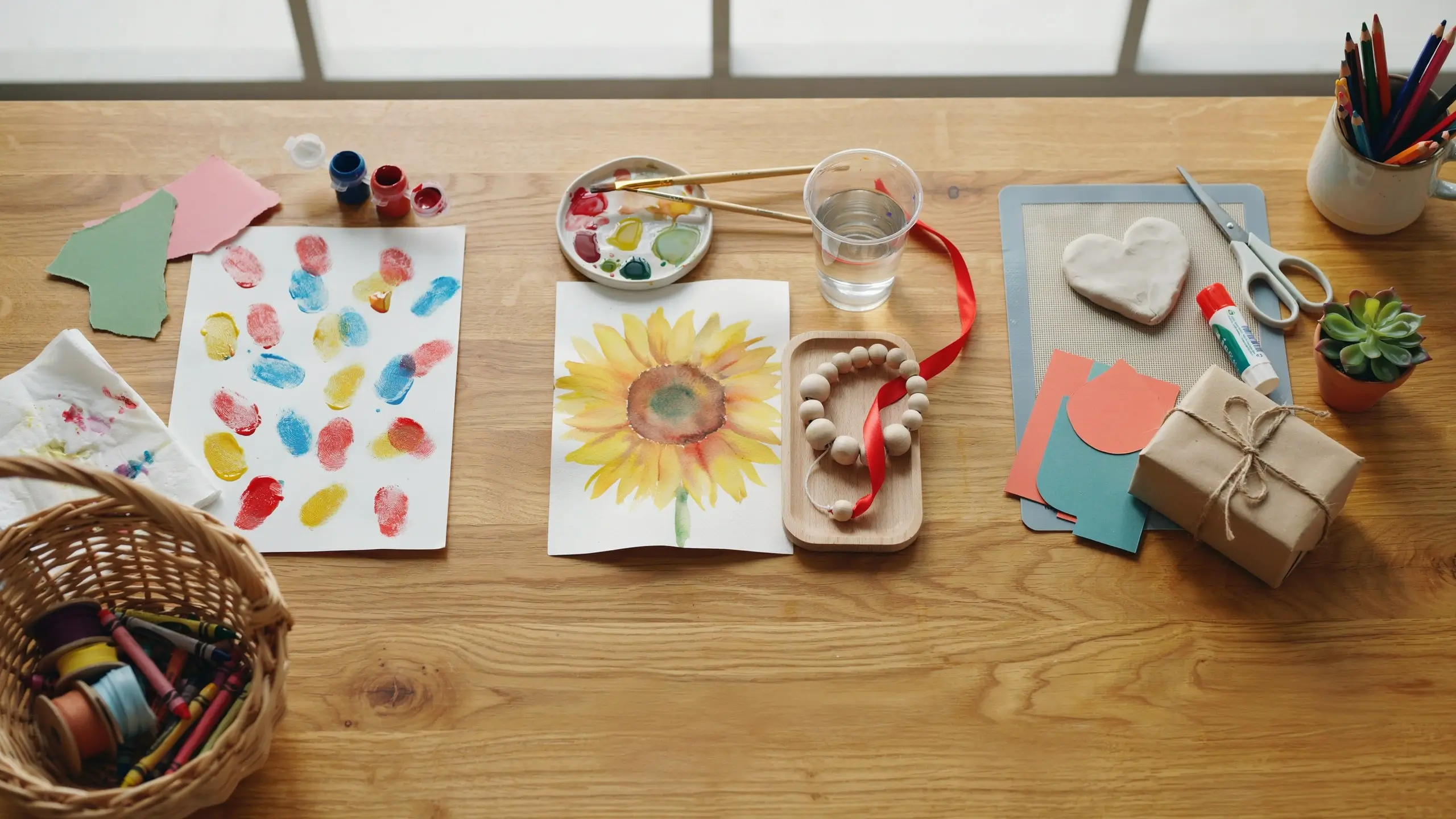 Kids’ craft table with fingerprint art, watercolor painting, beads, clay, and paper for handmade teacher gifts.
