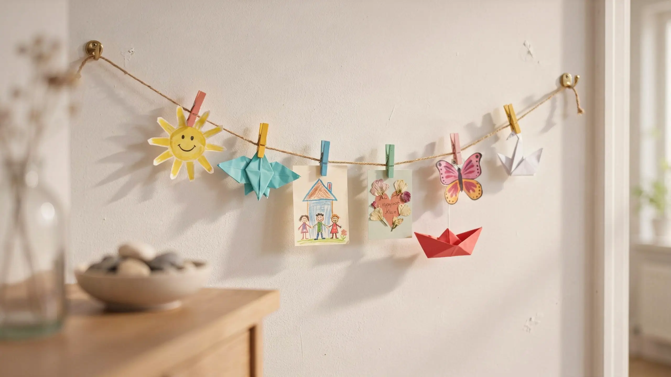 A charming display wall featuring a twine string and colorful clothespins holding a child's paper sun, blue origami crane, house drawing, flower card, paper butterfly, and a red origami boat against a white wall.