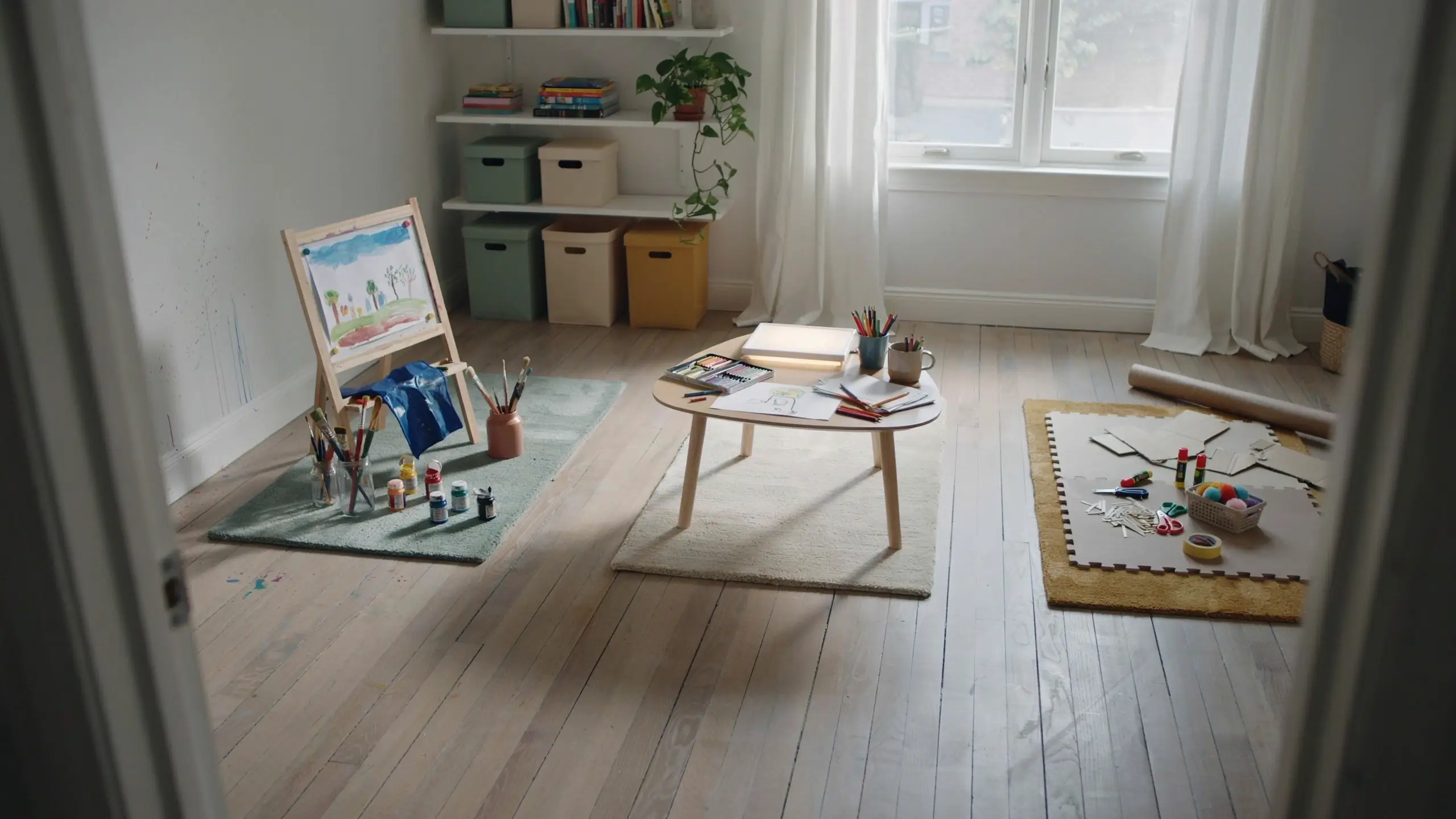 Sun-lit children's art room featuring a wooden easel with a landscape painting, a low round craft table with drawing supplies, and a floor craft mat, demonstrating distinct activity zones for painting and creative play. 