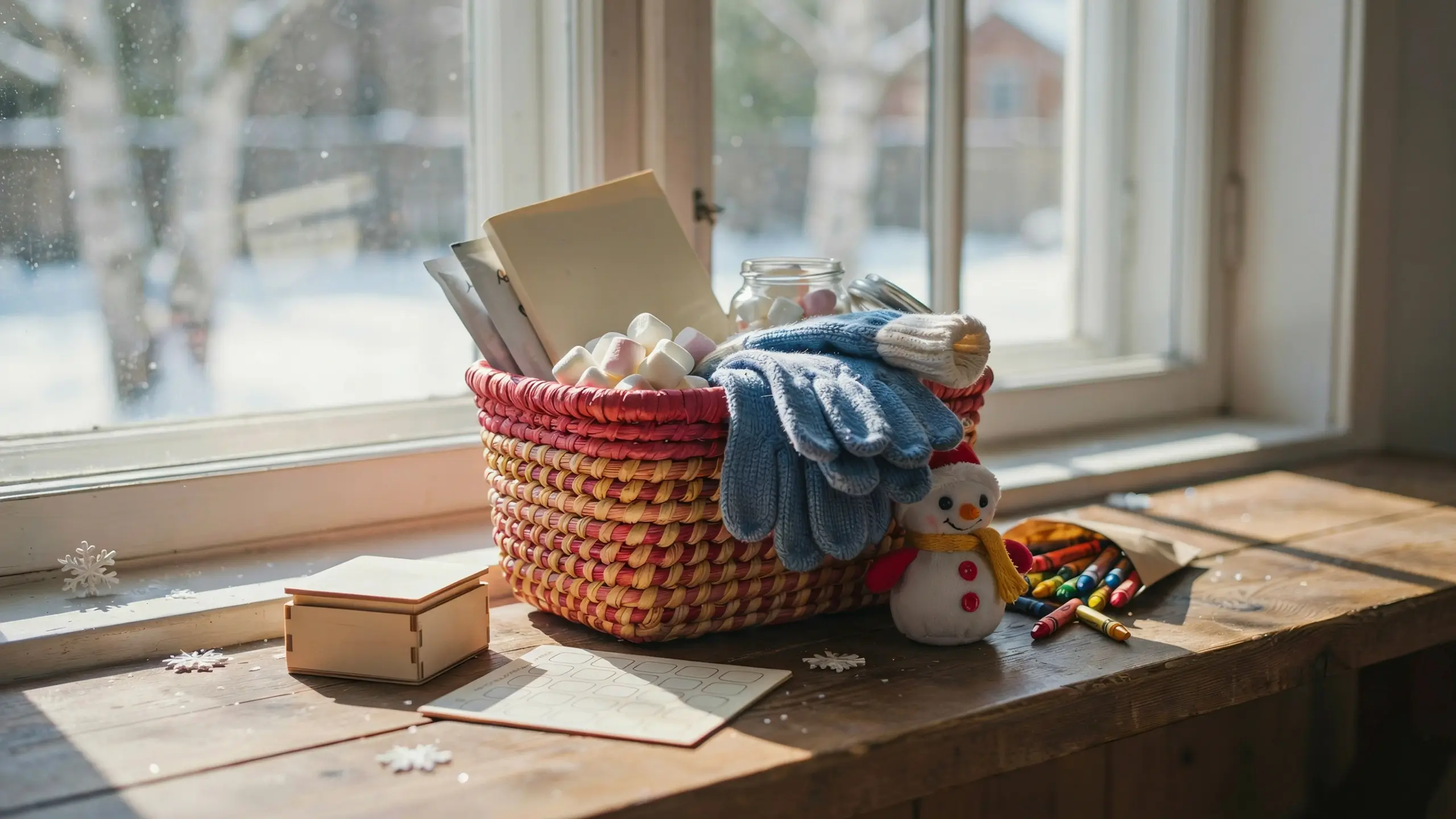 Kids’ snow day basket with warm gloves, marshmallows, books, crayons and a snowman toy by a snowy window.