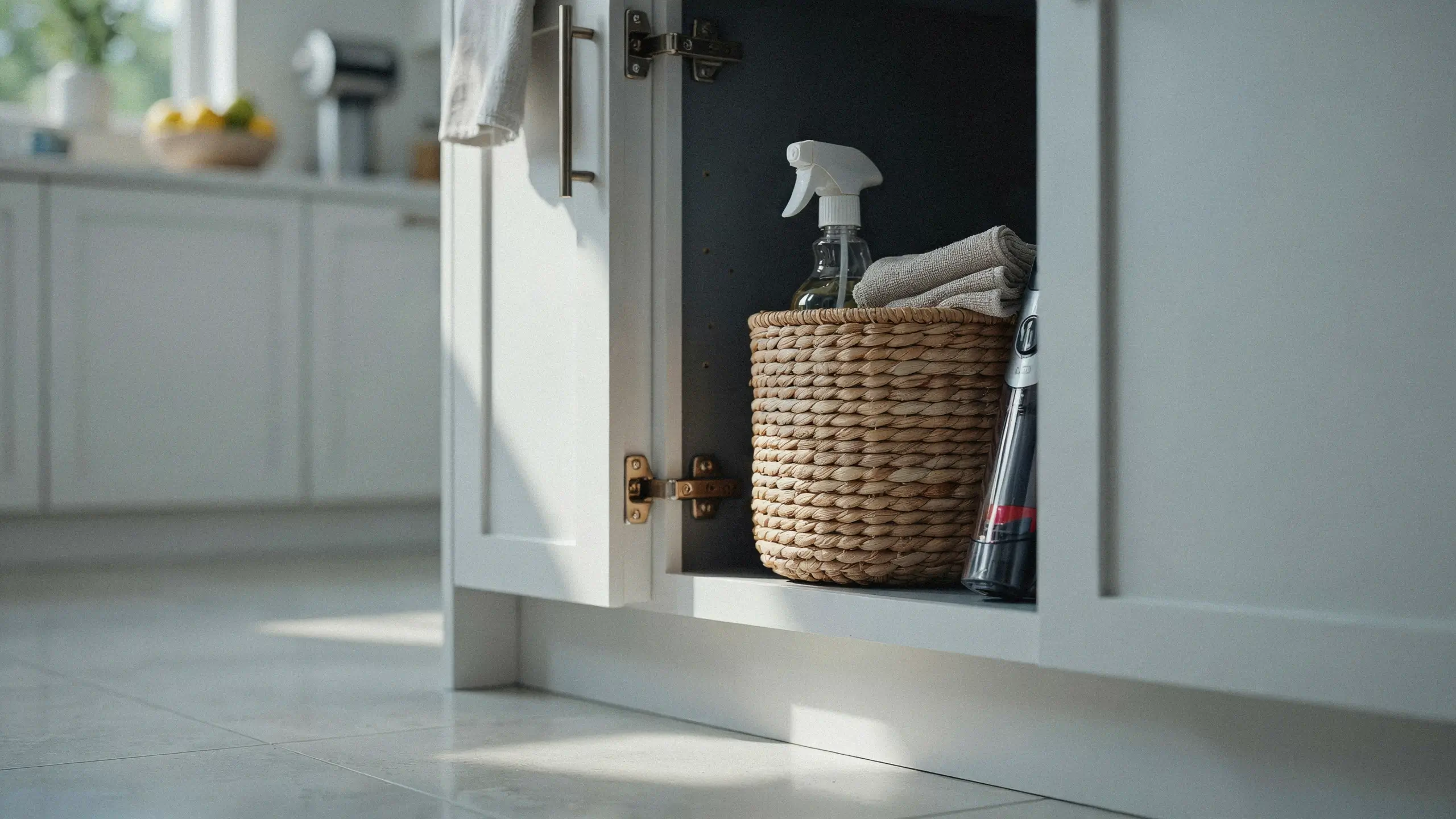 An open white kitchen cabinet reveals a woven basket holding a spray bottle and microfiber cloth alongside a cordless stick vacuum, showcasing practical cleaning supply storage right where it's most needed.