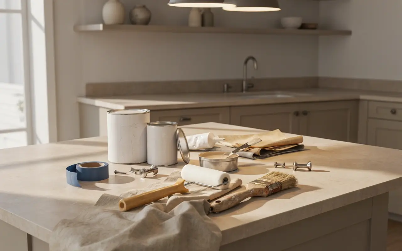 Paint cans, roller, brushes, and hardware on a kitchen island for a painting cost breakdown.