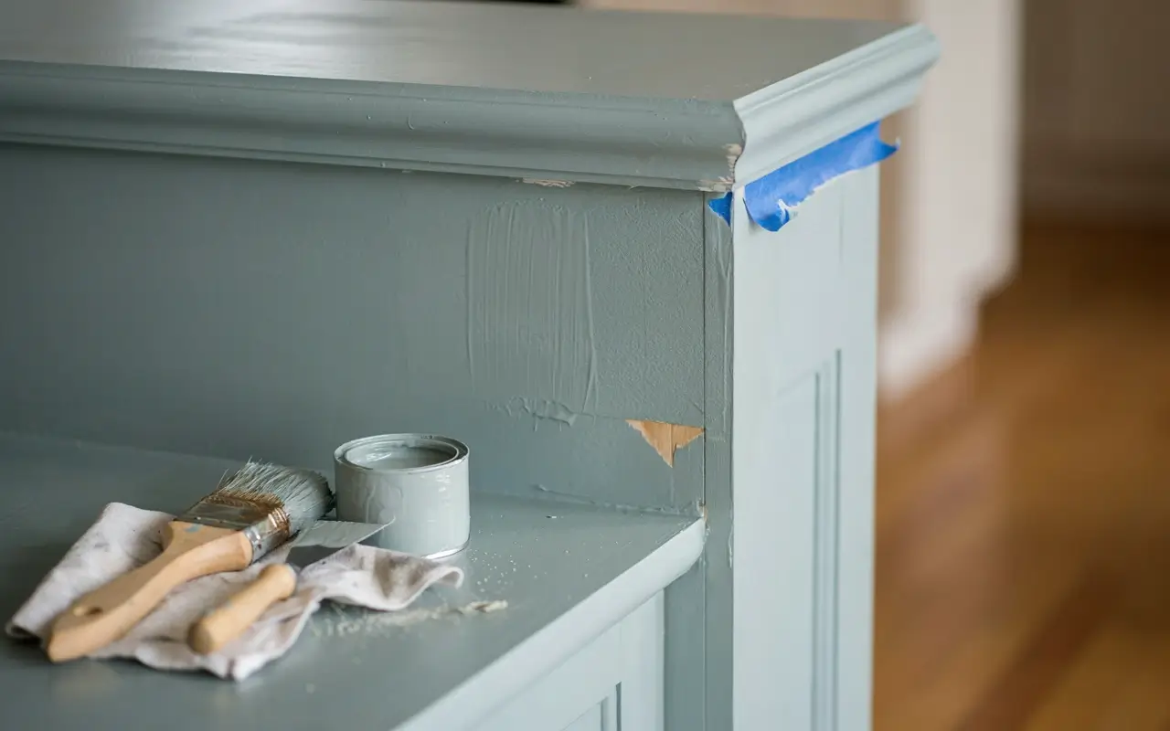 Paint brush and gray paint can on a kitchen island showing drips, chips, and taped trim during repainting.