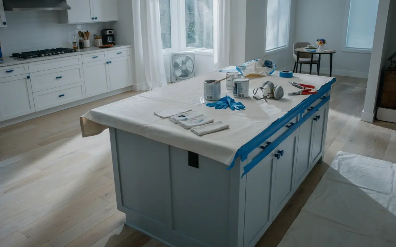 Kitchen island covered for painting with tape, drop cloth, paint cans, gloves, mask, and tools for safe prep.