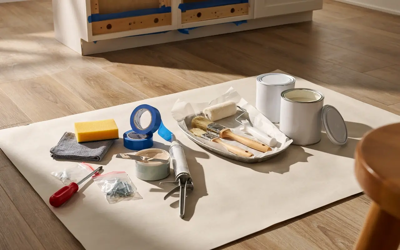 Painting supplies, brushes, tape, caulk, and primer laid out before repainting a kitchen island.
