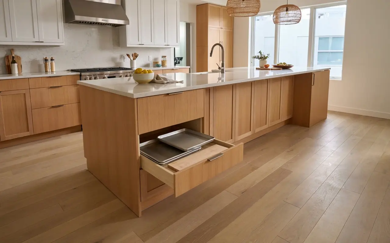 Modern wood kitchen island with an open toe-kick drawer storing baking sheets and trays.