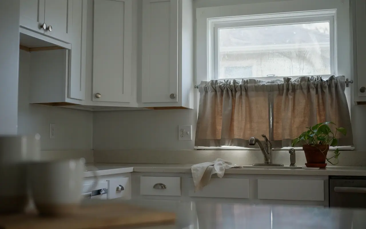 Gray café curtain hung in front of a kitchen sink window with an air gap from the glass.