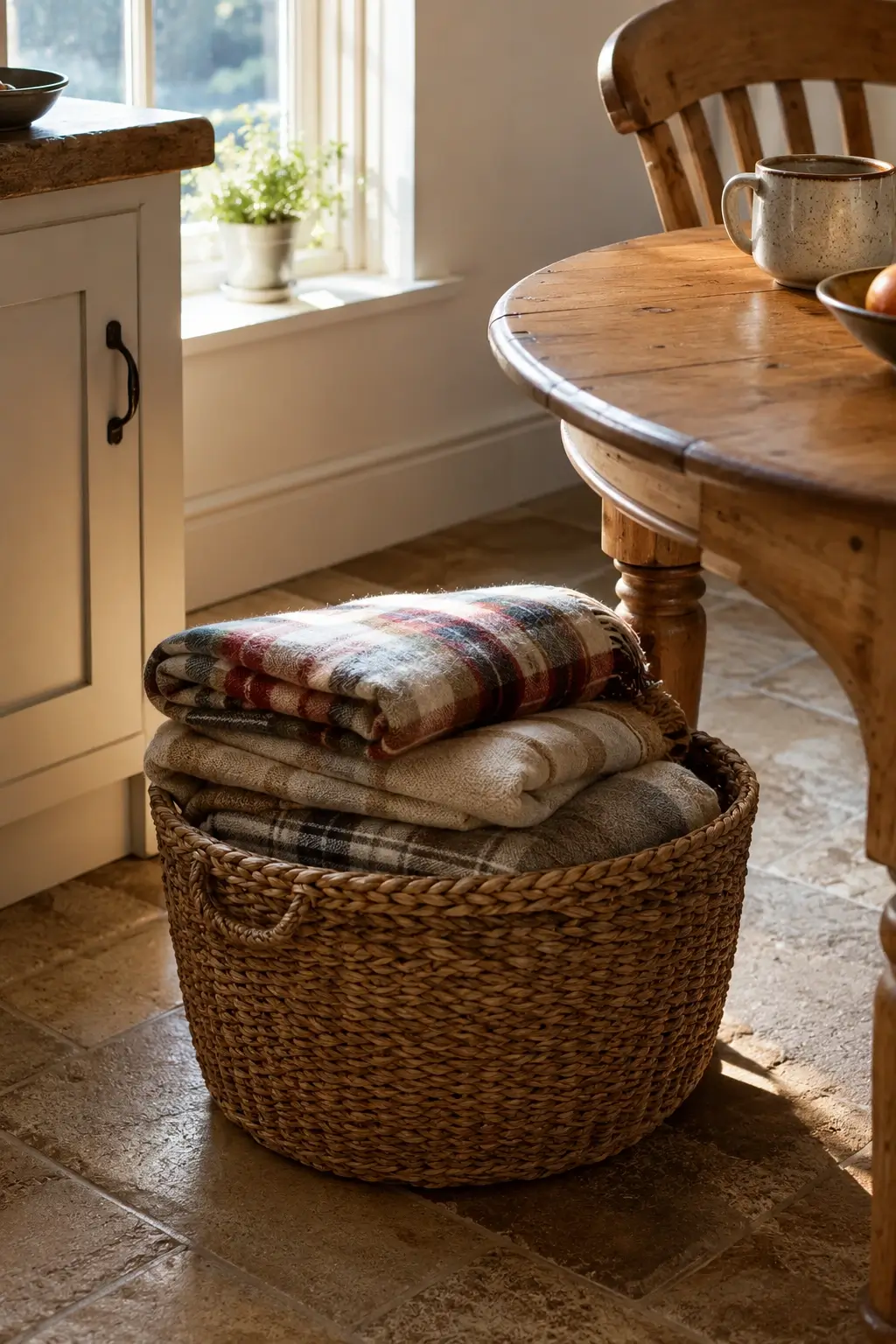 Woven seagrass basket filled with thick wool blankets beside a wooden kitchen table in morning light.