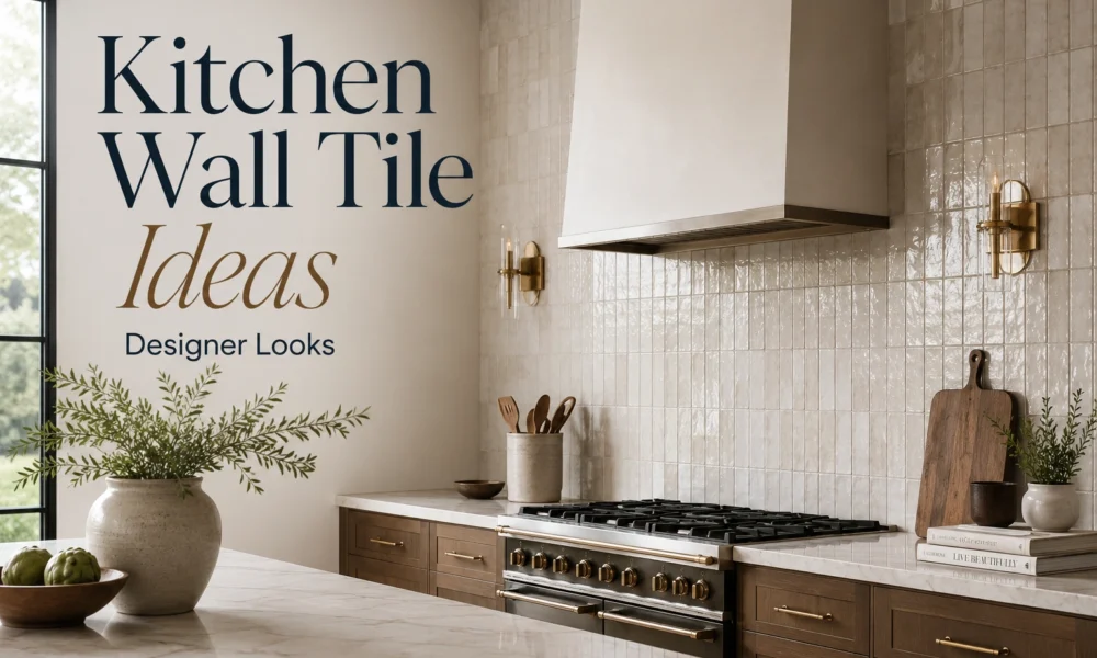 Full-height glossy kitchen wall tile with wood cabinets, brass sconces, range hood, and marble island.