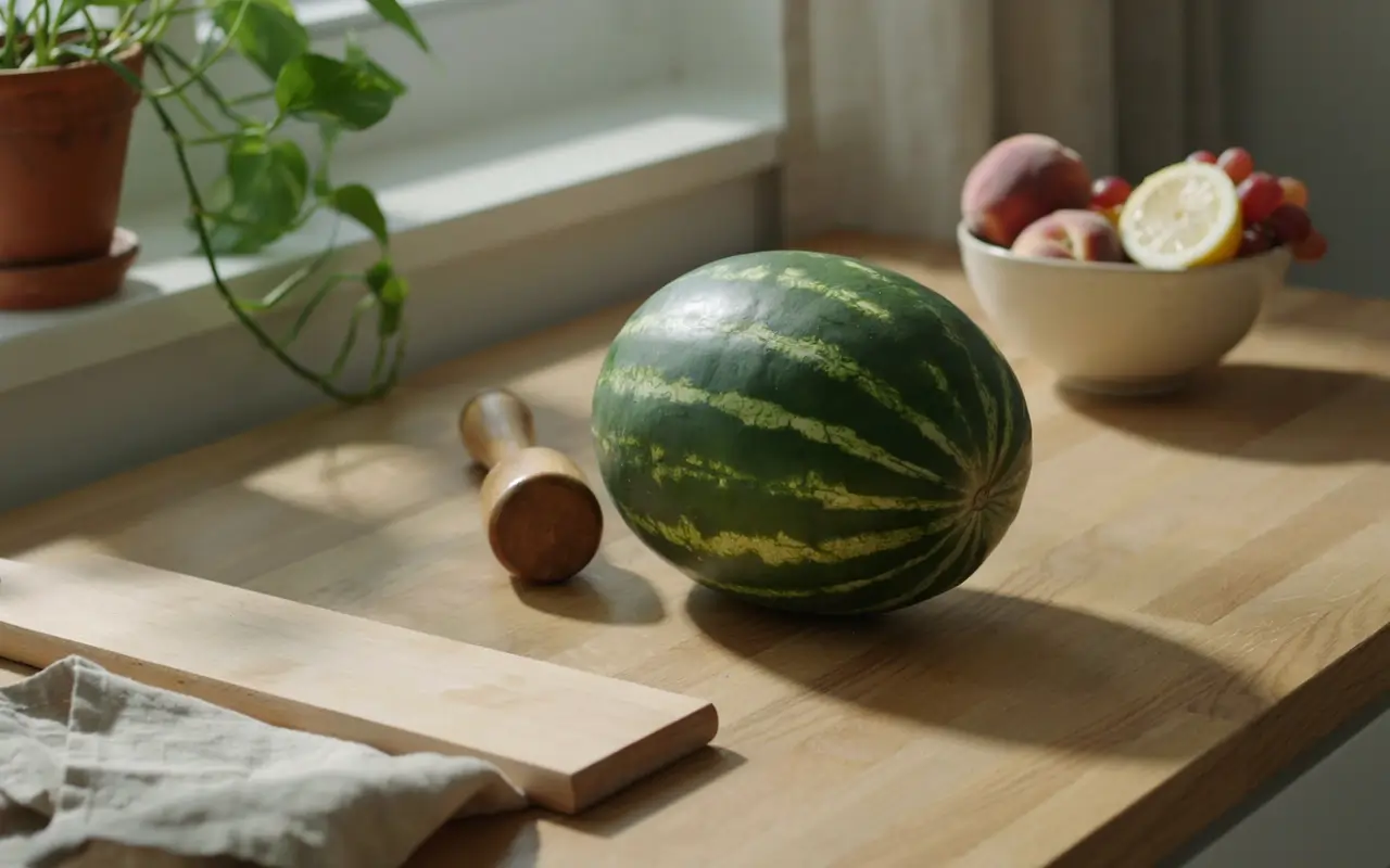 Whole watermelon on a kitchen table beside a wooden mallet for testing a hollow ripe sound
