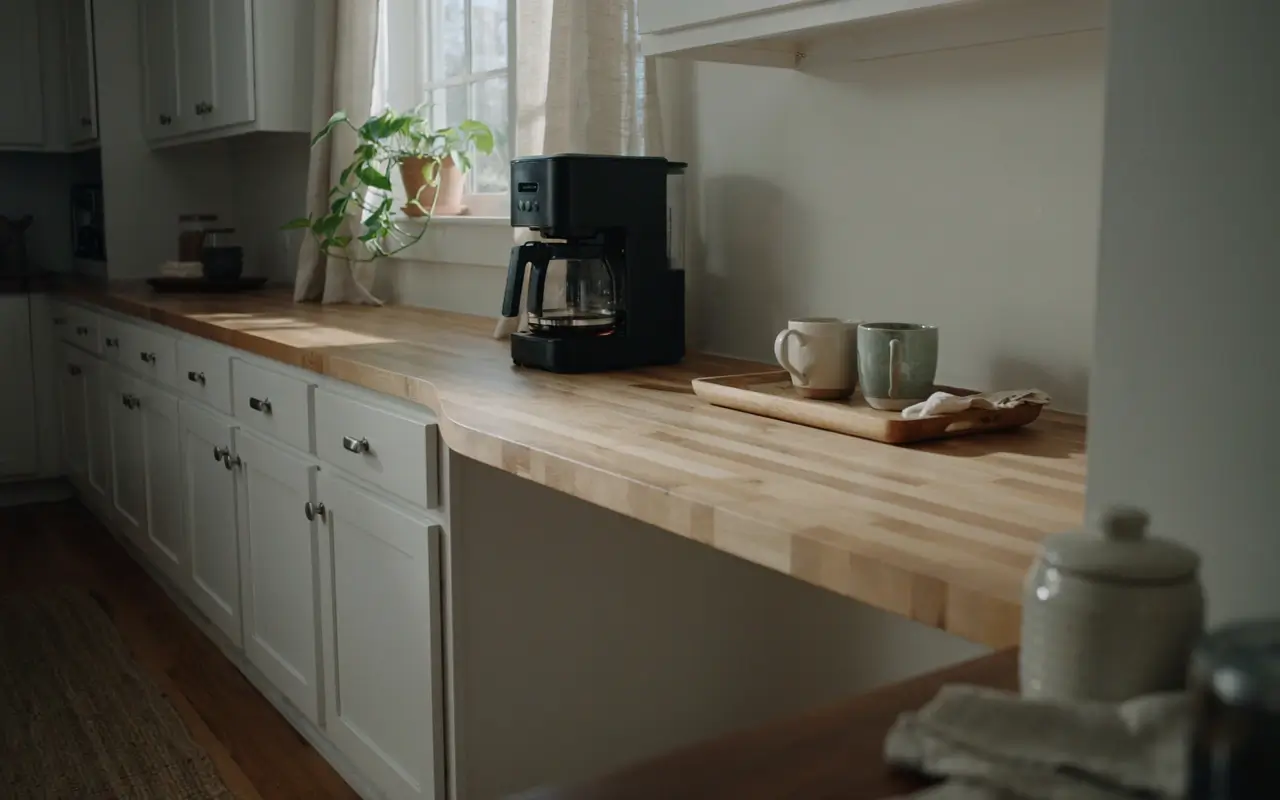 Corner coffee station on a wood counter in an L-shaped kitchen with a tray, two mugs, and a drip coffee maker.