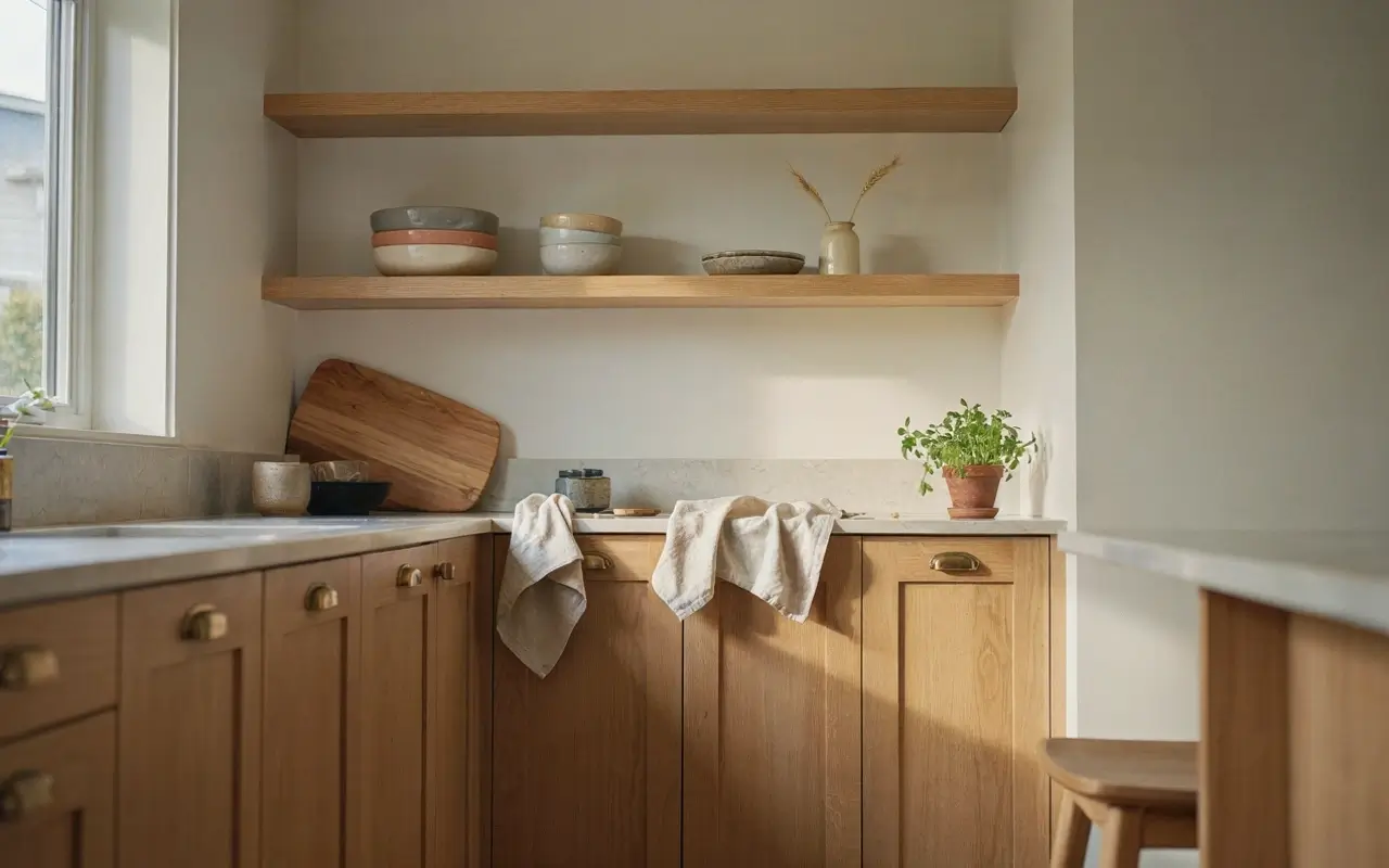 L-shaped kitchen corner with open wood shelves, stoneware bowls, a cutting board, and warm wood cabinets.