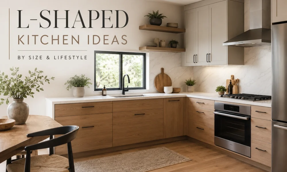 Modern L-shaped kitchen with wood cabinets, corner sink, marble backsplash, and editorial title overlay