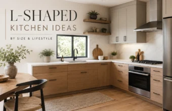 Modern L-shaped kitchen with wood cabinets, corner sink, marble backsplash, and editorial title overlay