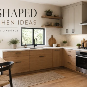 Modern L-shaped kitchen with wood cabinets, corner sink, marble backsplash, and editorial title overlay