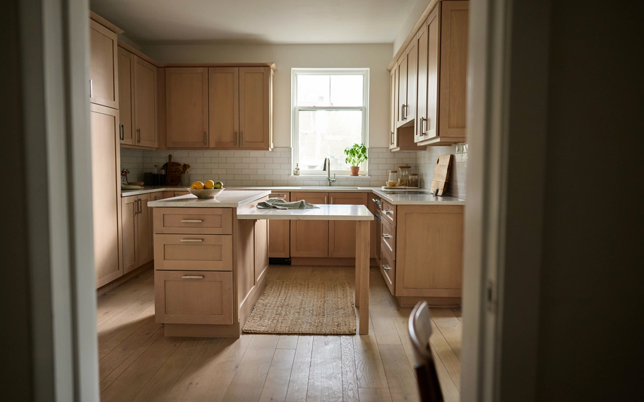 Light wood L-shaped kitchen with a center island and clear walkways around white countertops.