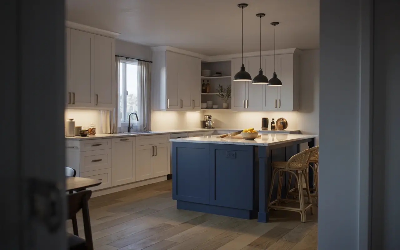 L-shaped kitchen with a navy blue island, white cabinets, black pendant lights, and woven counter stools.