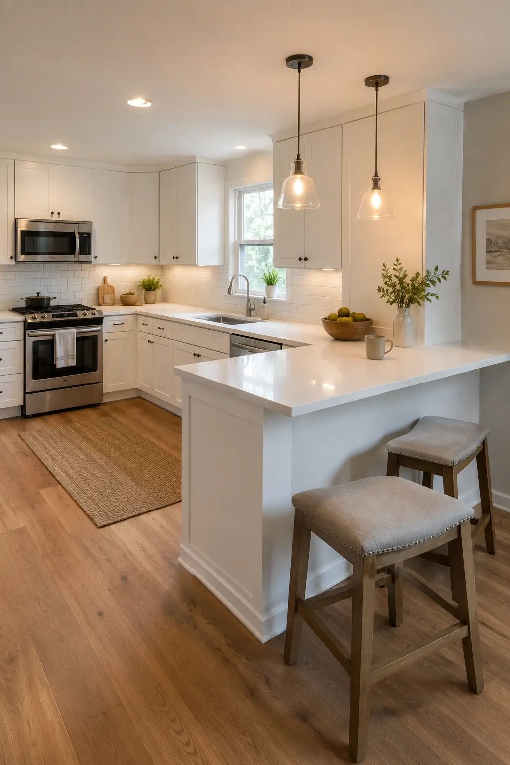 L-shaped white kitchen with a short-leg peninsula and two counter stools for compact seating.