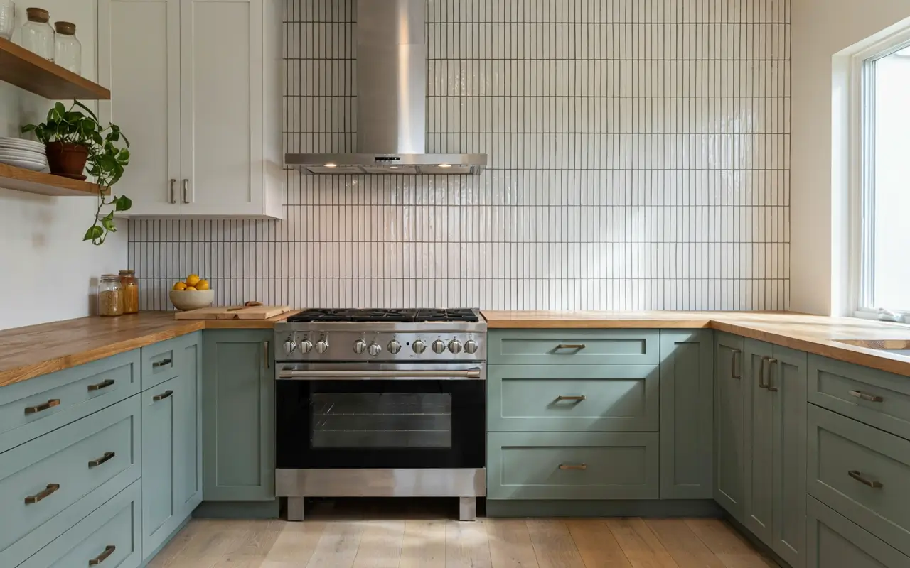 Sage green L-shaped kitchen with wood counters, tiled vent hood surround, and stainless range.