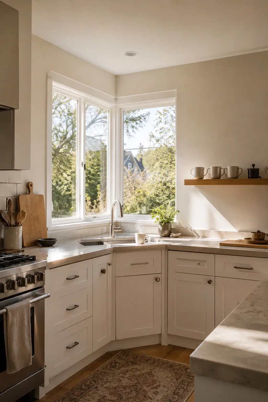 Bright L-shaped kitchen corner with no upper cabinets on the window wall and one wood floating shelf