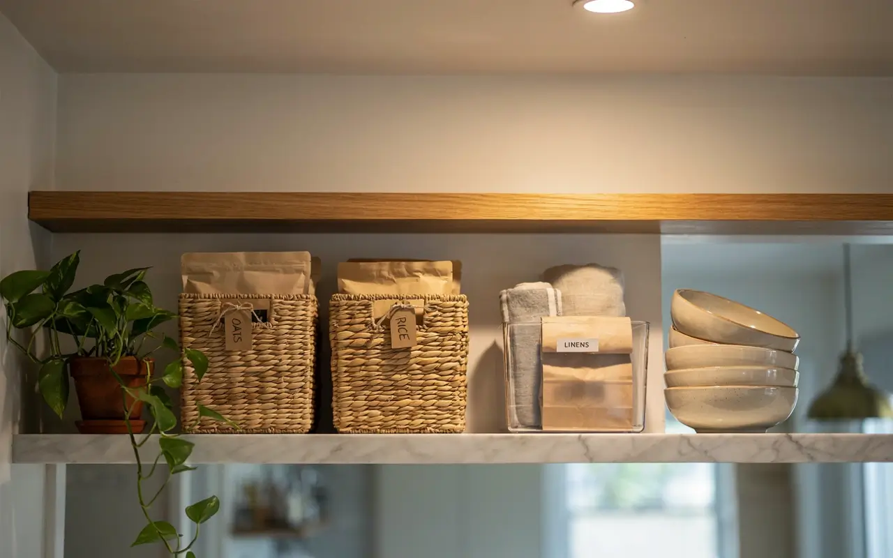 Labeled pantry bins with oats, rice, linens, bowls, and a trailing plant on an open kitchen shelf.