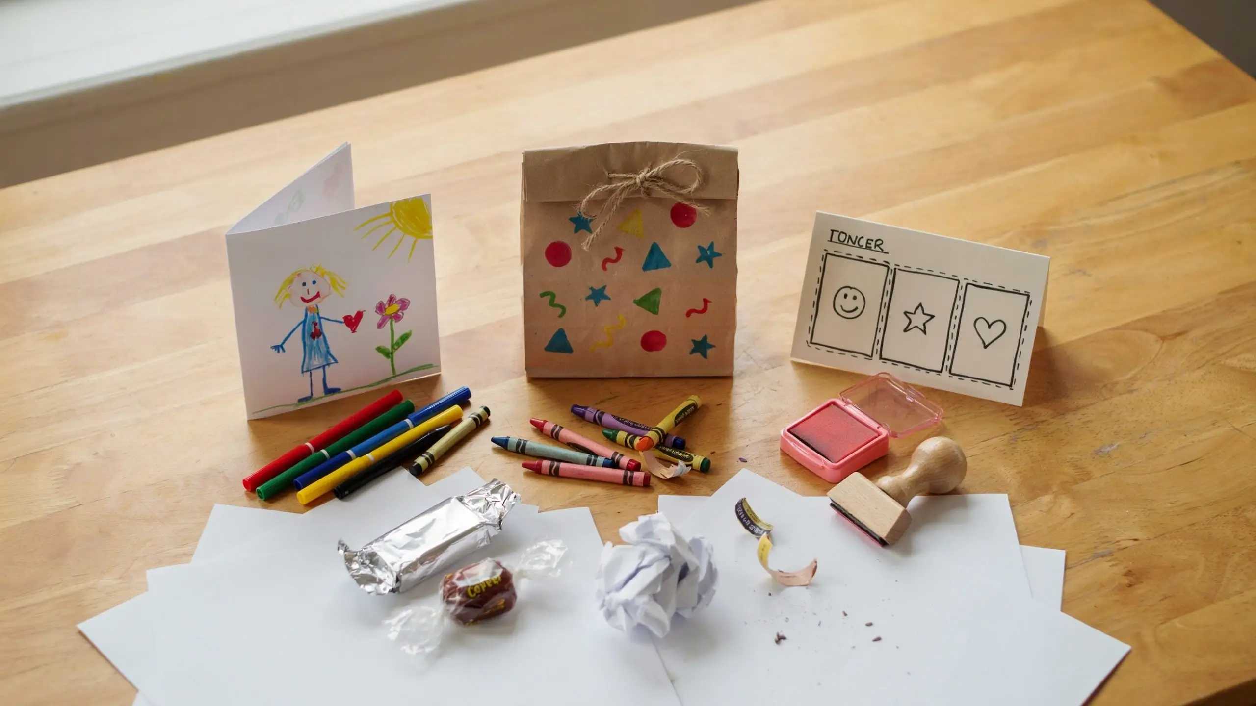 Last-minute teacher gifts with a kid-drawn card, decorated gift bag, crayons, candy, and stamp.