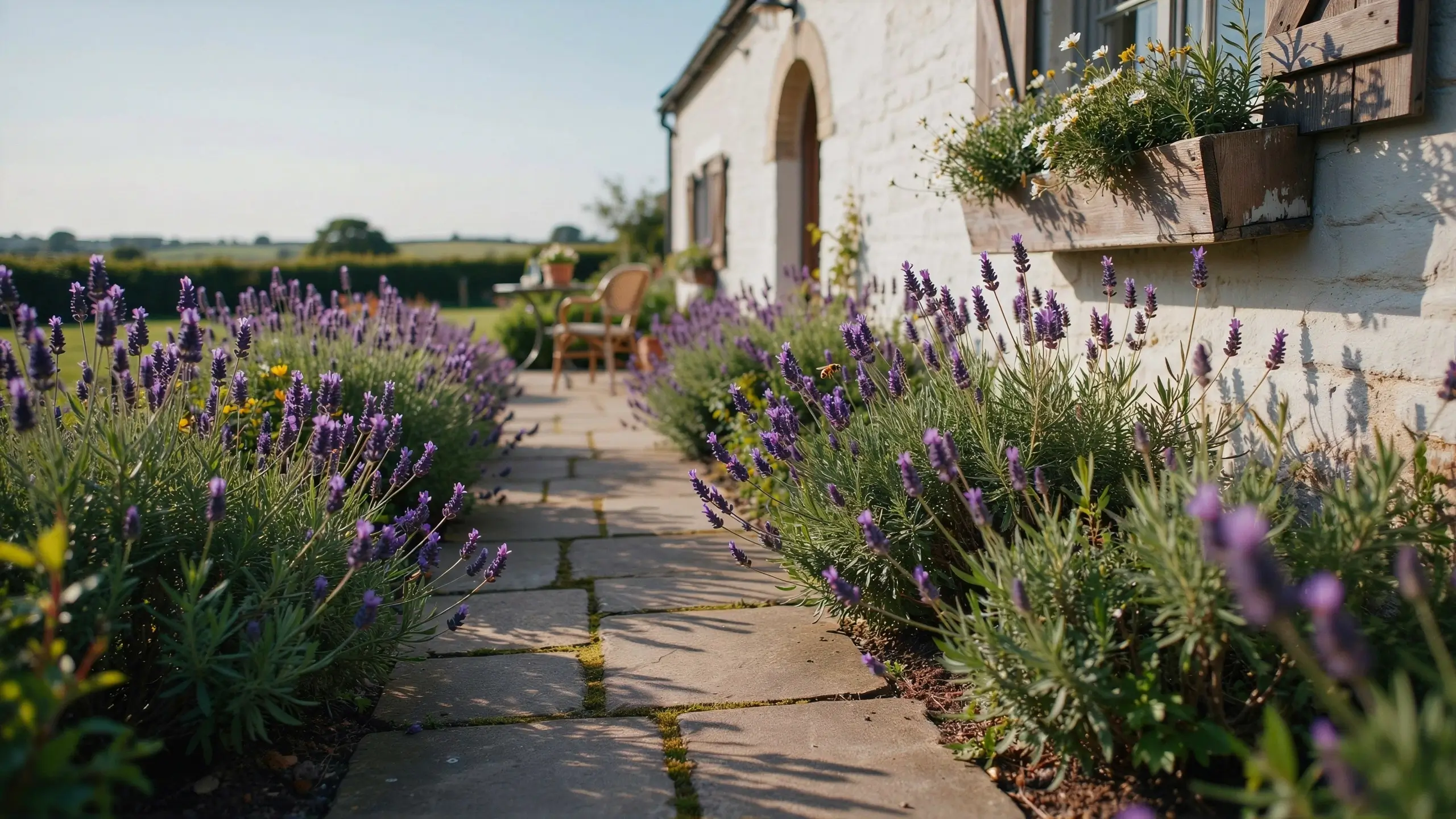 Purple lavender flowers blooming along a rustic stone path leading to a white cottage with wooden window boxes in a sunny garden.