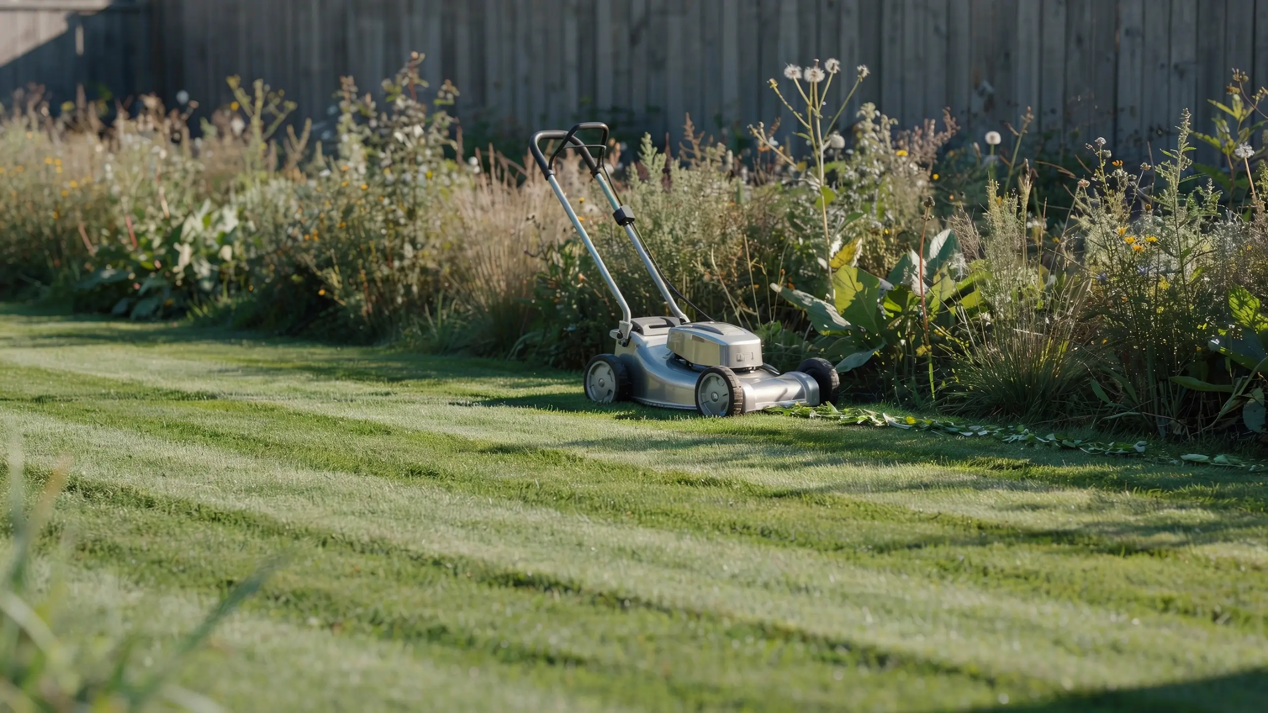 A silver push lawn mower resting on a freshly cut green lawn next to a wooden fence and overgrown wild weeds in a sunny backyard.