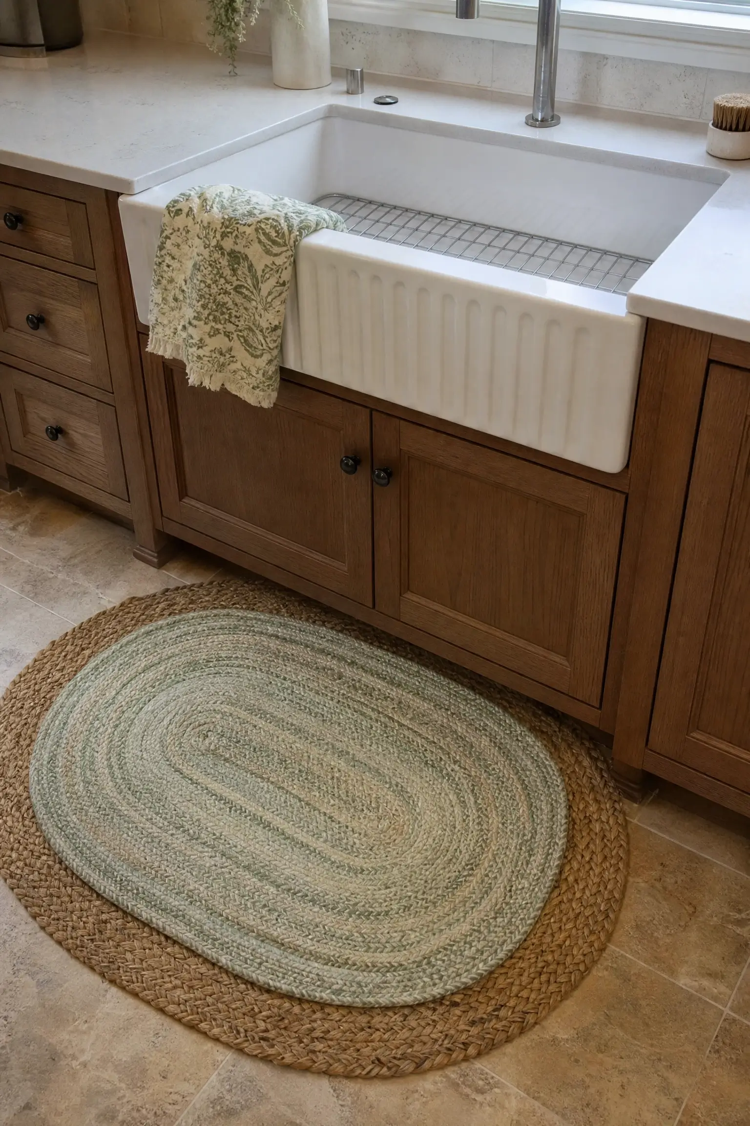 A layered jute and sage green rag rug sitting beside a white fluted farmhouse sink with medium-brown wooden cabinetry and a matching green patterned towel. 