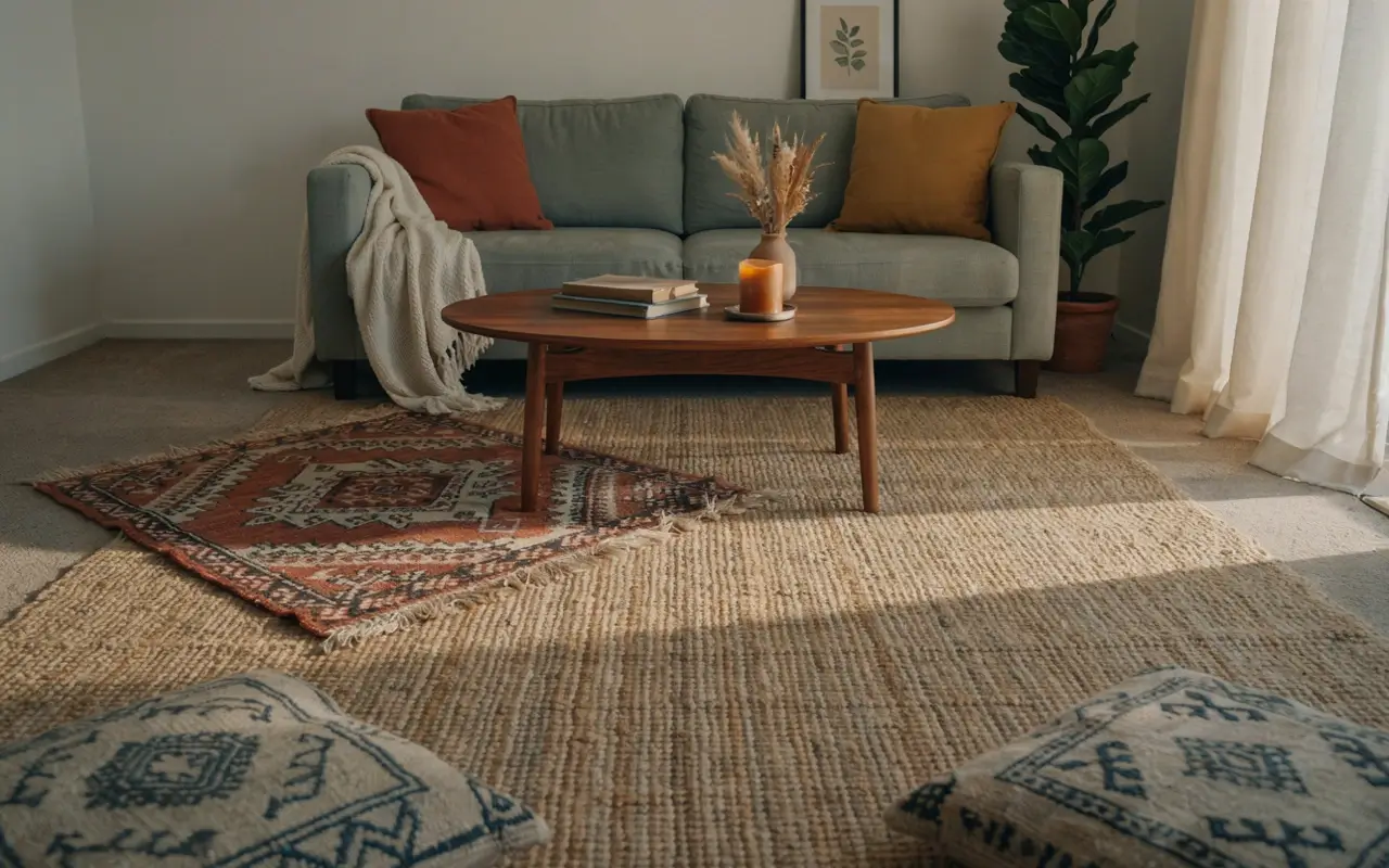Layered jute and vintage area rugs in a cozy rental living room with sofa, coffee table, and warm decor.