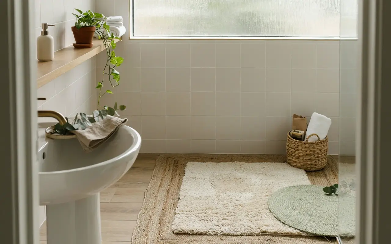 Layered bath mats and woven rugs add soft texture to a bright neutral bathroom.