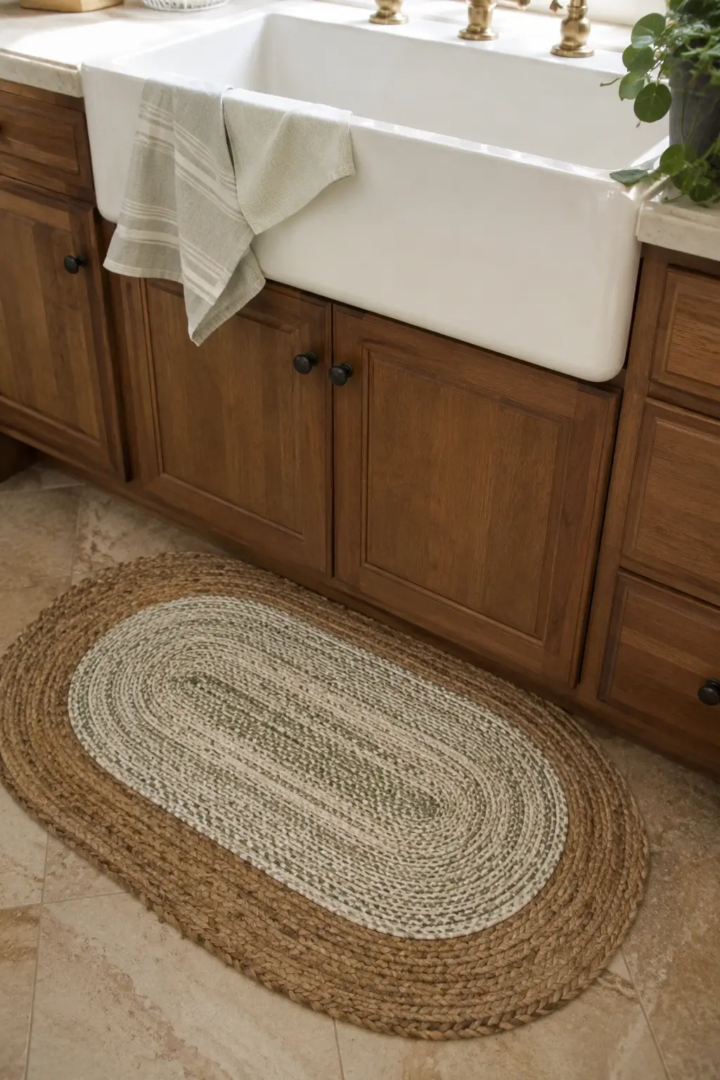 Layered braided jute and sage rag rug by a farmhouse kitchen sink with warm wood cabinets.